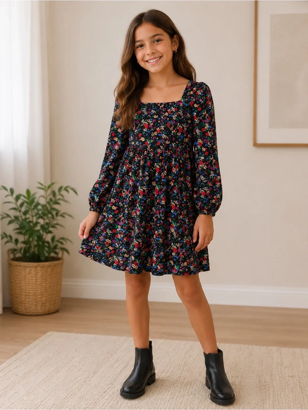 GAP Girls Black Floral‎ Long-Sleeve Dress LARGE